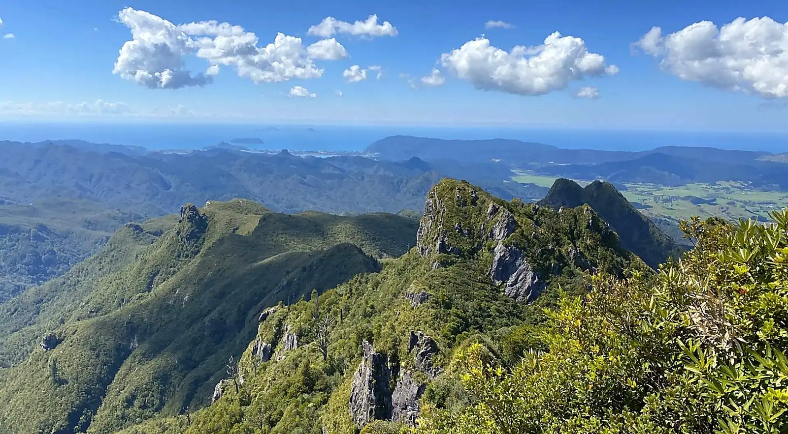 Mountain range with rocky pinnacles and bush-covered slopes falling away to a blue coastline under a cloudy sky
