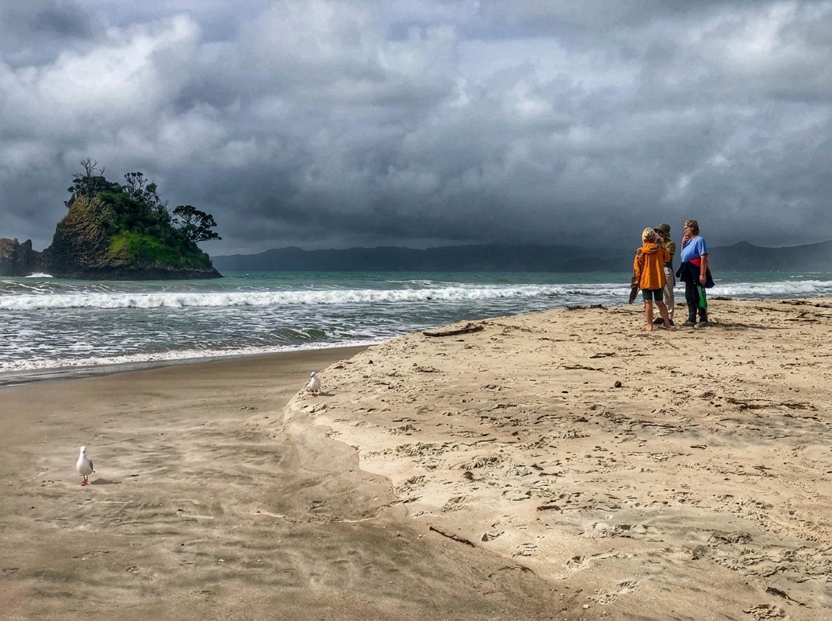 People on a sandy beach beneath dramatic clouds, with waves and a bush-covered rocky islet