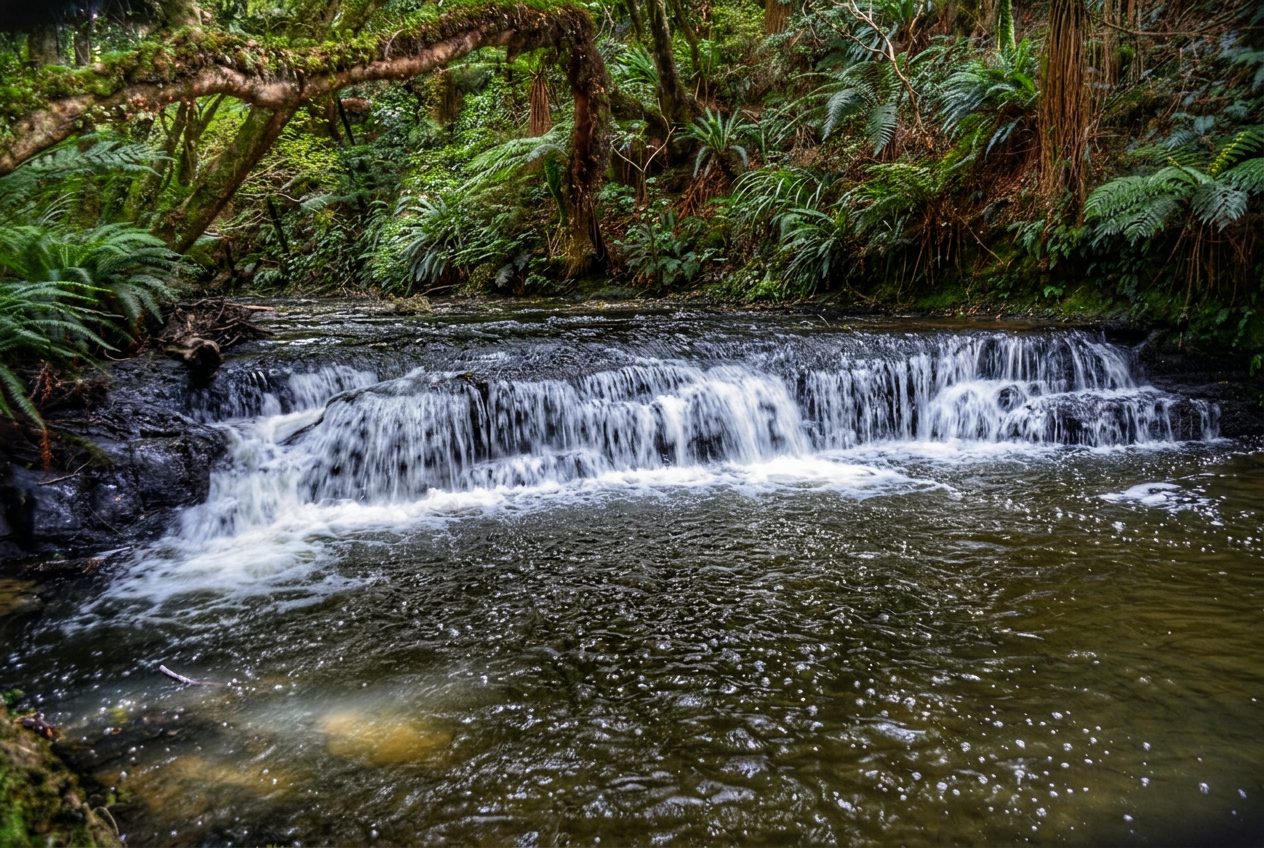 Waterfall flowing through native bush, surrounded by ferns and moss-covered branches